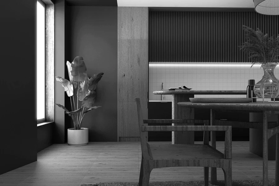Warm, low-lit dining and living space